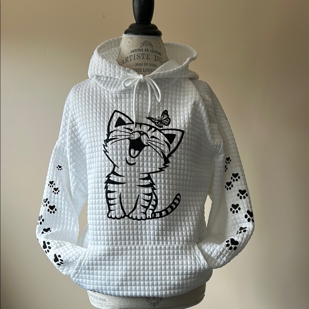 Cat Graphic Hoodie, Kangaroo Pocket, White (size small)